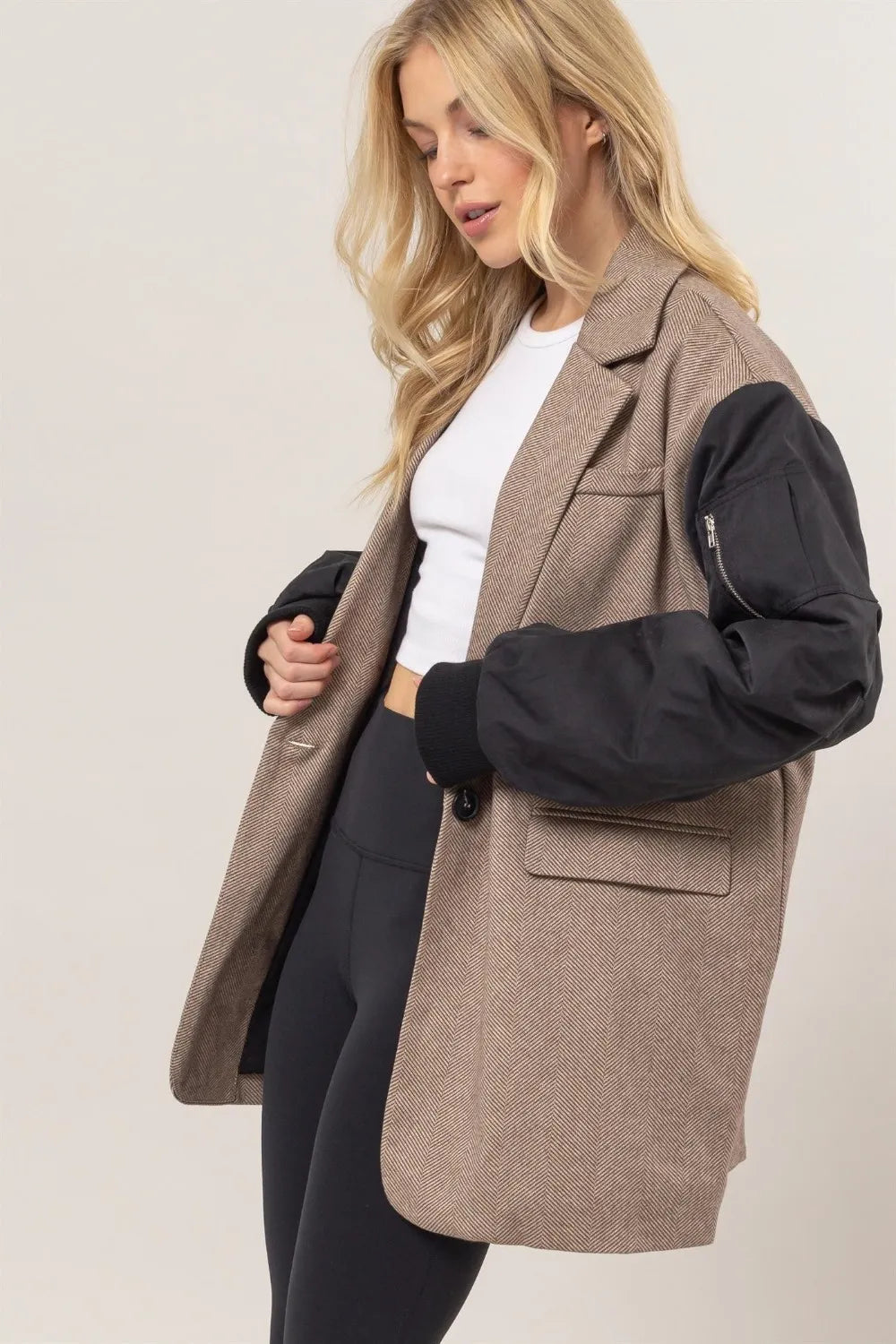 HYFVE Herringbone Mixed Media Contrast Long Sleeve Blazer - Fashorio