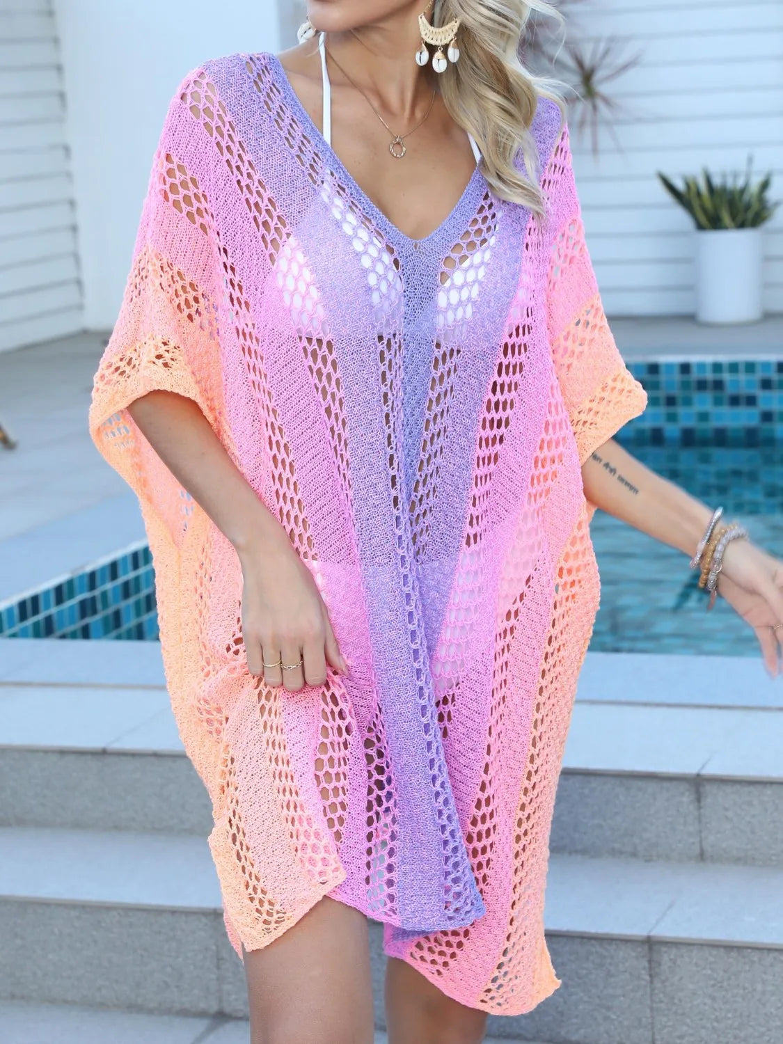 Rainbow Gradient Crochet Beach Cover Up - Fashorio