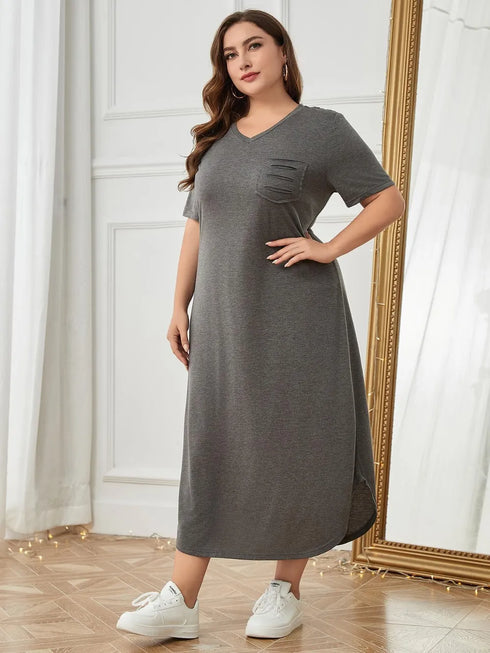 Plus Size Pocketed V-Neck Short Sleeve Lounge Dress - Fashorio