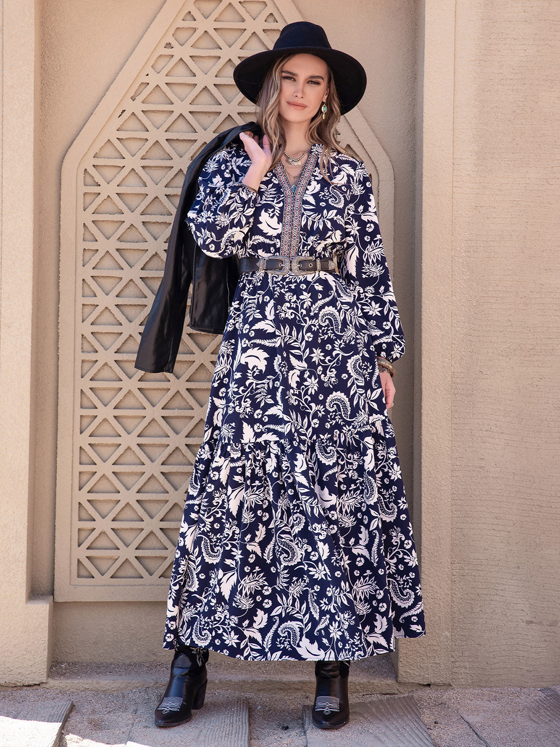 Printed Notched Neck Maxi Dress - Fashorio