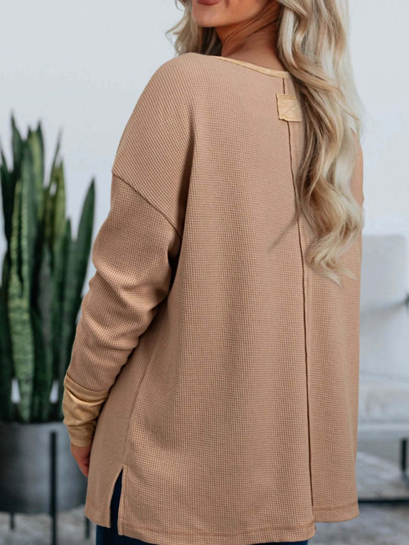 Waffle Textured Tunic Henley Top with Slits - Fashorio