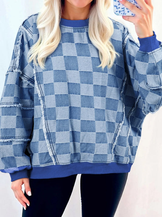Checkerboard Splicing Raw Detail Oversized Denim Top Dusty Blue - Fashorio
