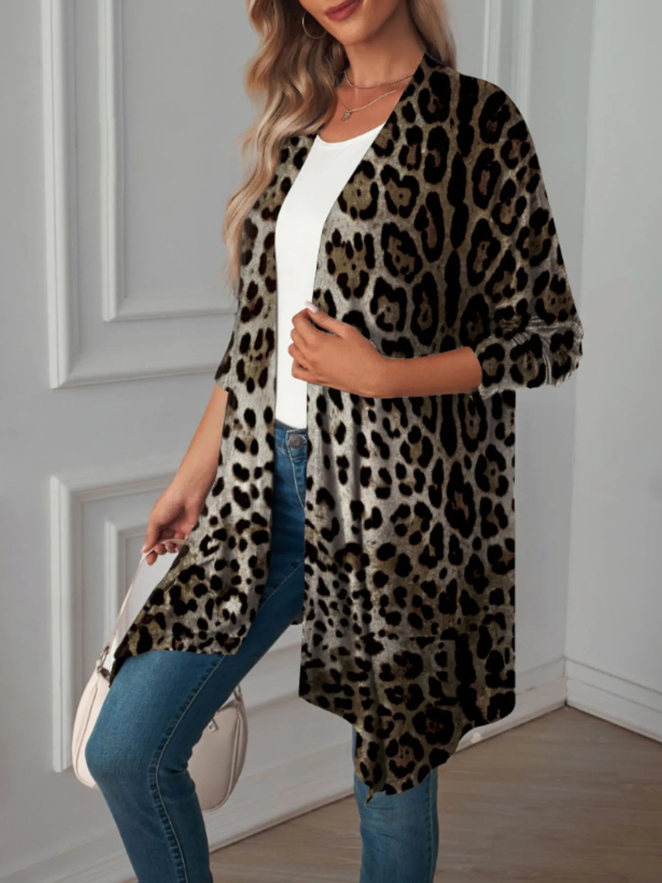 Leopard Print Long Open Front Cardigan Leopard - Fashorio