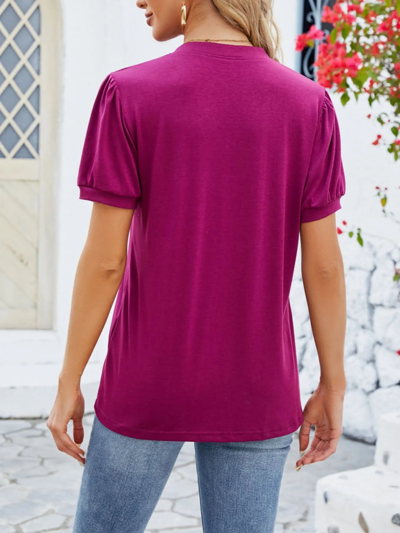 Notched Short Sleeve T-Shirt - Fashorio
