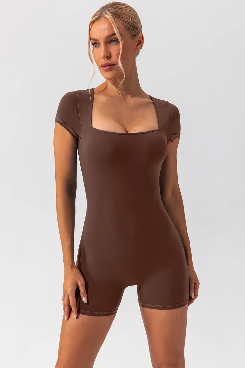 Square Neck Cap Sleeve Active Romper - Fashorio