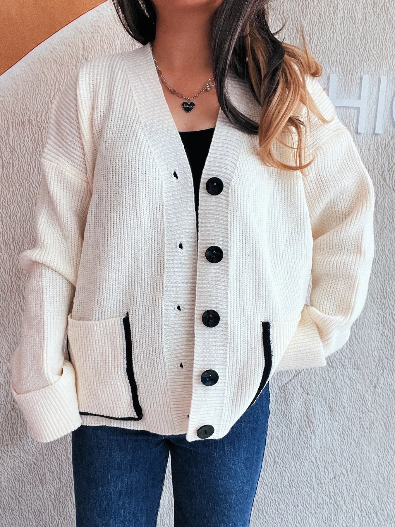 Button-Front Ribbed Cardigan with V-Neck - Fashorio