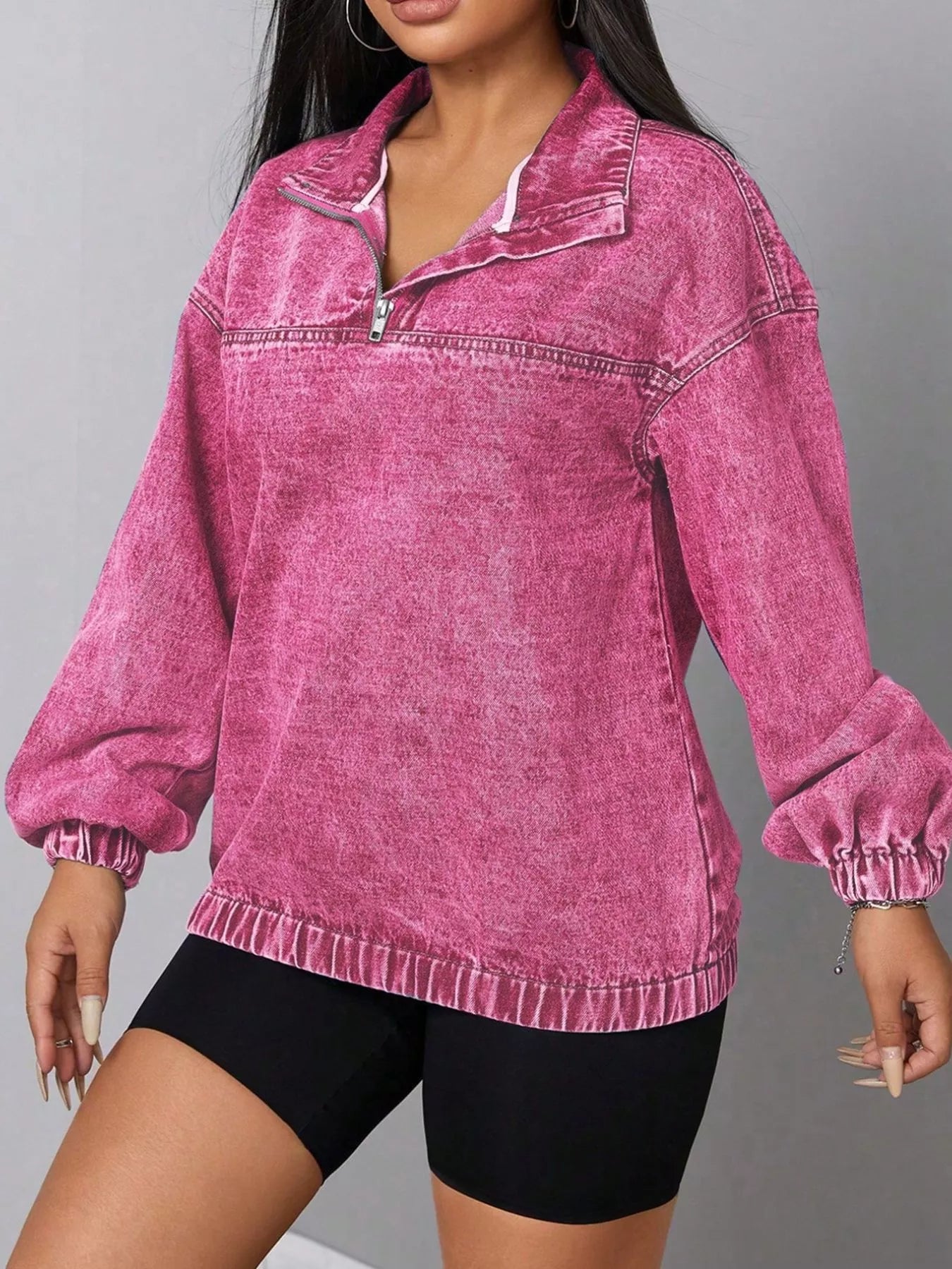 Zip Collar Long Sleeve Denim Top - Fashorio