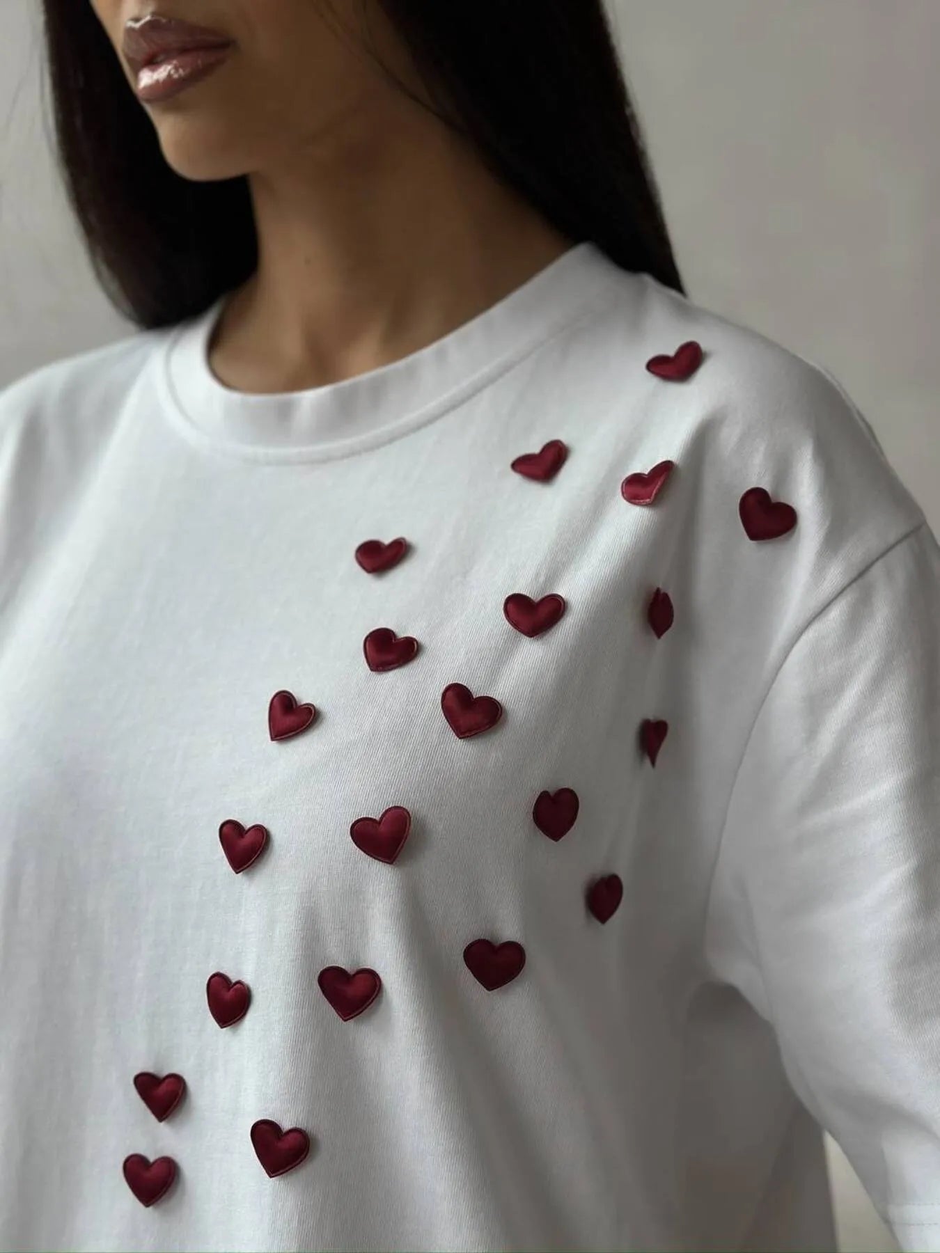 Plus Size Heart Round Neck Short Sleeve T-Shirt - Fashorio