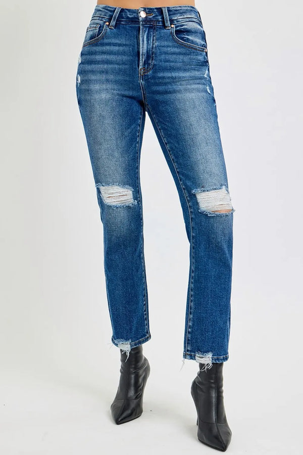 RISEN Full Size High Rise Distressed Crop Straight Jeans Dark - Fashorio