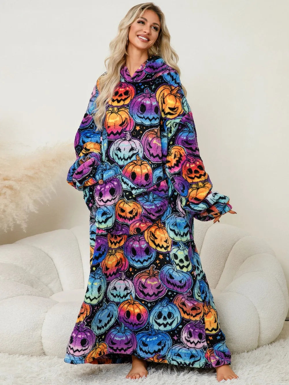 Fuzzy Pocketed Long Sleeve Hooded Lounge Dress - Fashorio