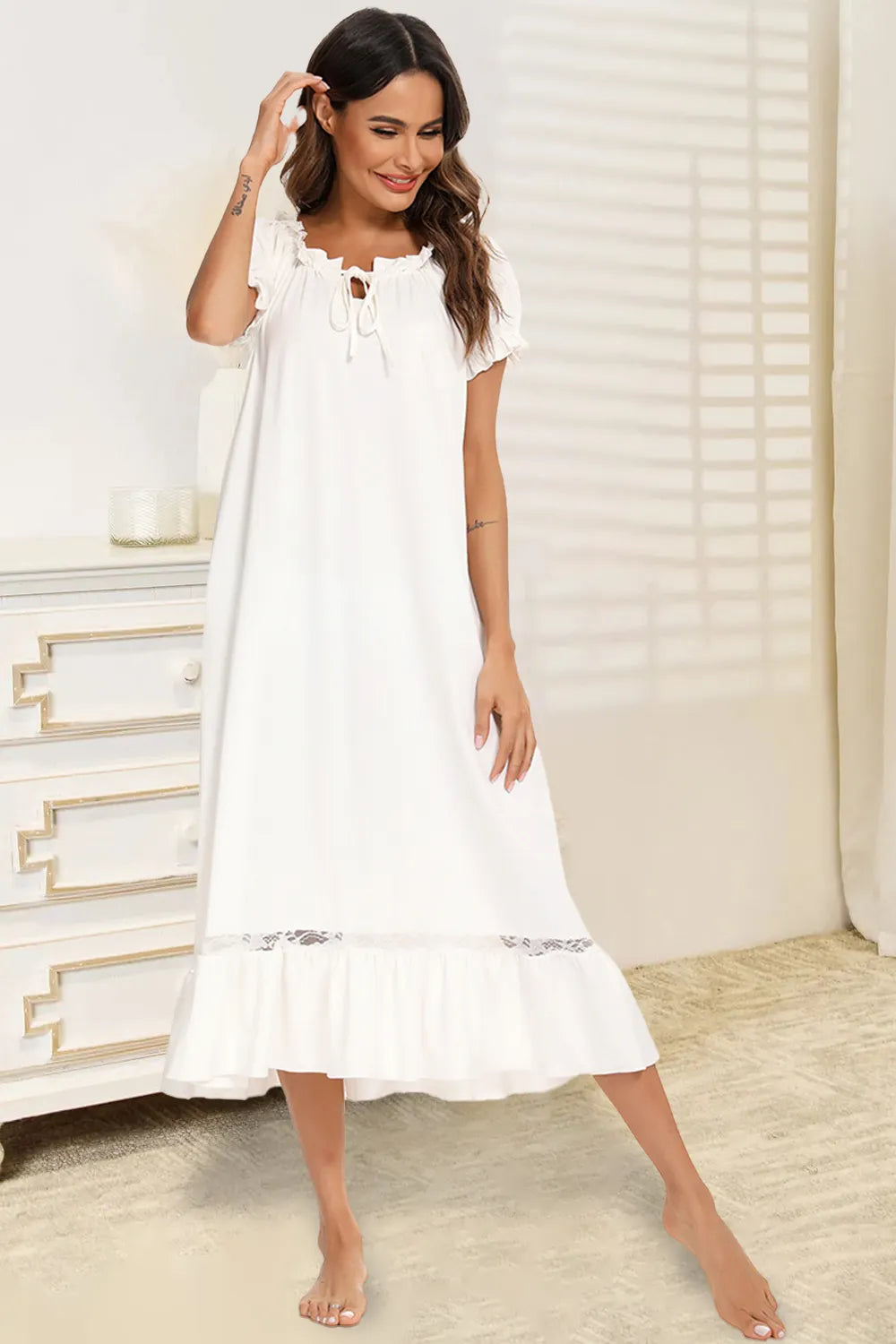 Lace Detail Short Sleeve Lounge Dress White - Fashorio