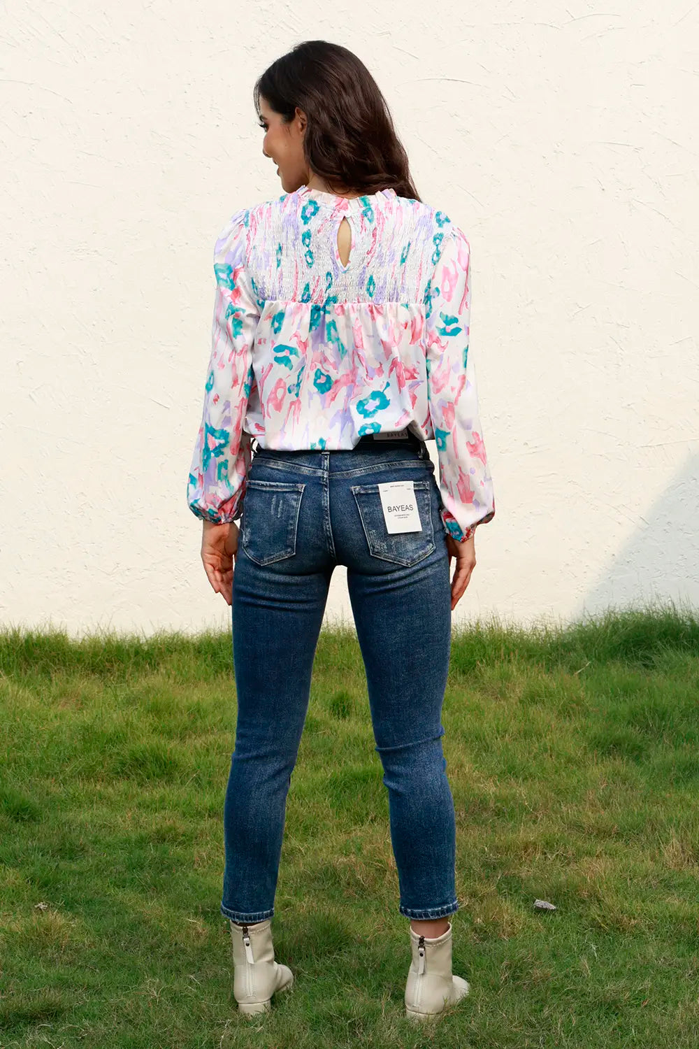 Floral Smocked Balloon Sleeve Round Neck Blouse - Fashorio