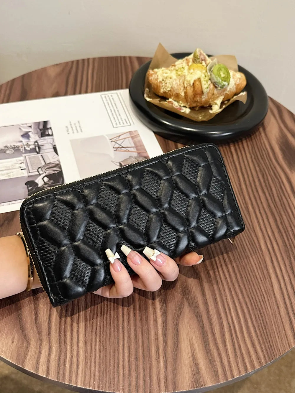 PU Leather Solid Color Wallet Black Grid One Size - Fashorio