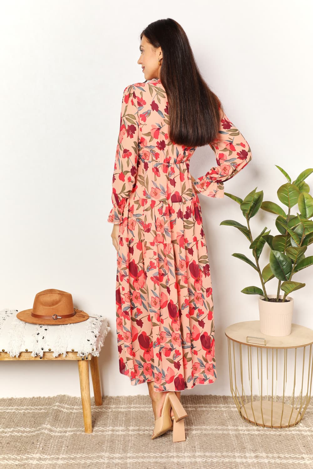 Double Take Floral Frill Trim Flounce Sleeve Plunge Maxi Dress - Fashorio