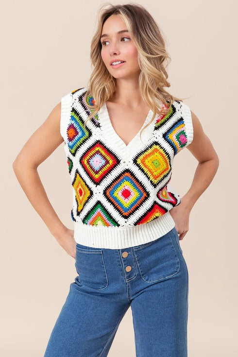 BiBi Diamond Granny Square Sweater Vest - Fashorio