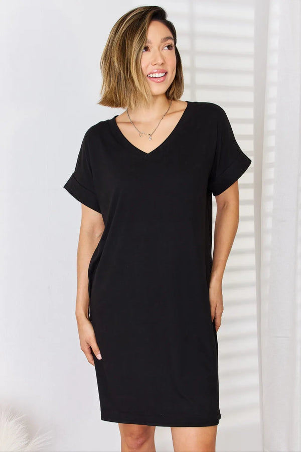 Rolled Sleeve V-Neck Dress – Stretchy Everyday Comfort Black - Fashorio
