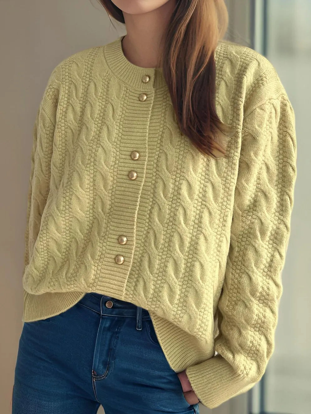 Cable-Knit Round Neck Long Sleeve Cardigan - Fashorio