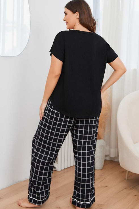 Plus Size V-Neck Top and Plaid Pants Lounge Set - Fashorio