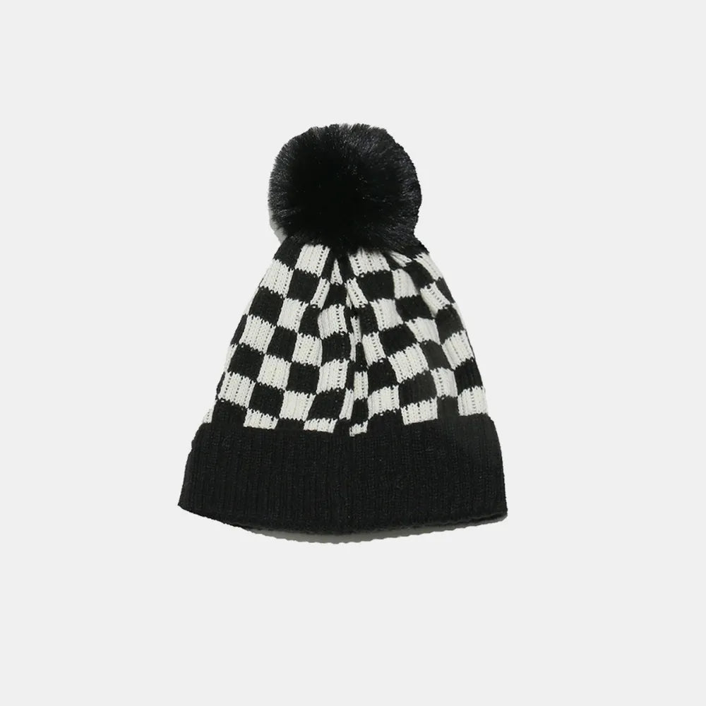 Checkered Knit Hat with Pompom - Fashorio