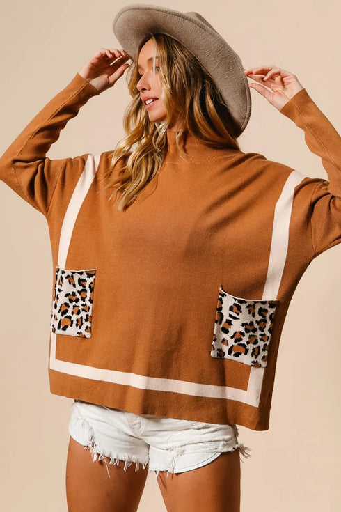 BiBi Mock Neck Sweater with Leopard Pocket - Fashorio