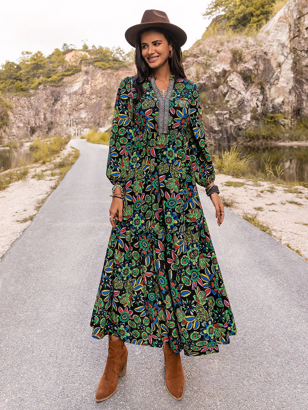 Printed Notched Neck Maxi Dress - Fashorio