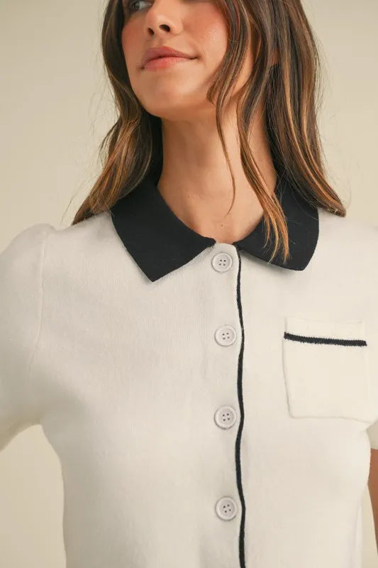 MABLE Button Down Contrast Collared Knit Cardigan - Fashorio