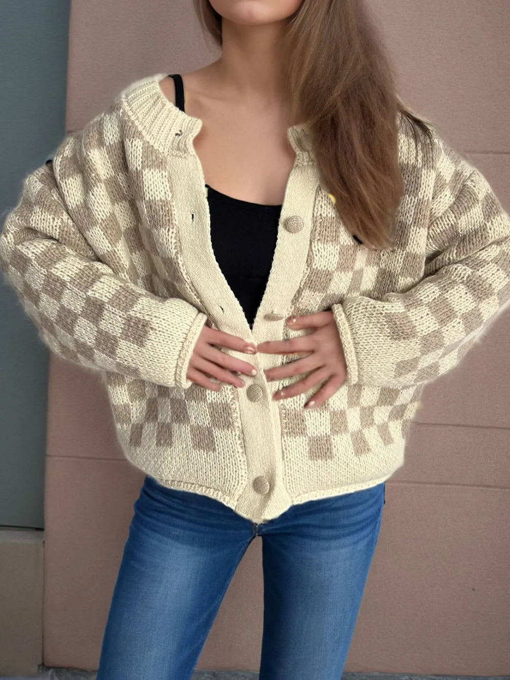 Checkered Button Up Round Neck Cardigan - Fashorio