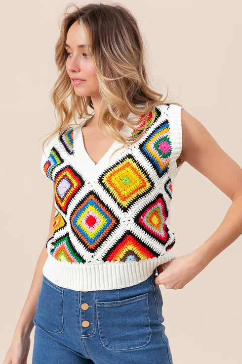 BiBi Diamond Granny Square Sweater Vest - Fashorio