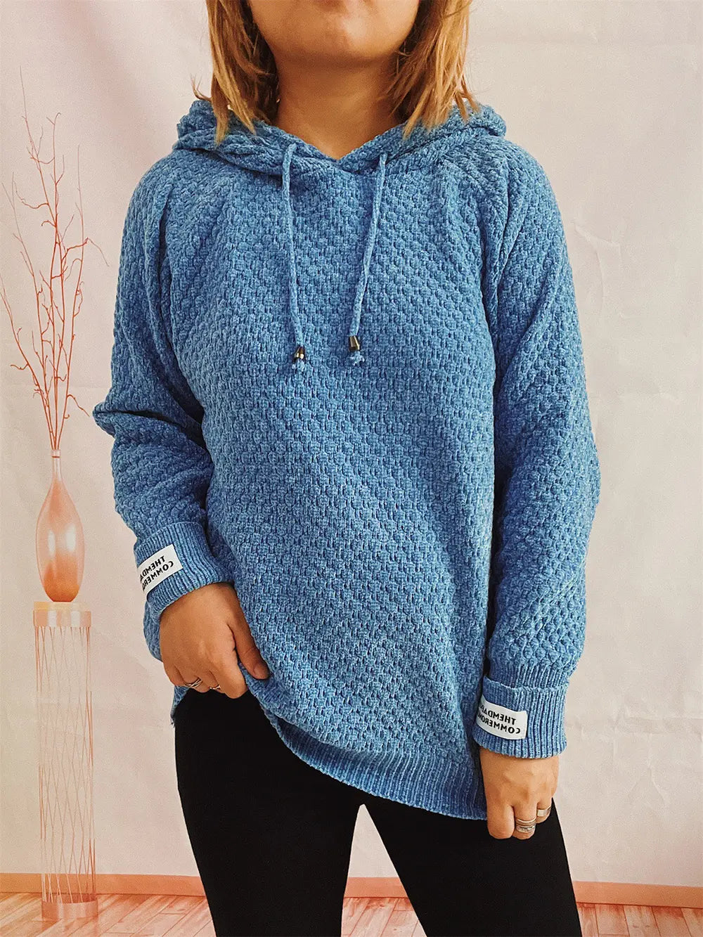 Drawstring Long Sleeve Hooded Sweater Sky Blue One Size - Fashorio
