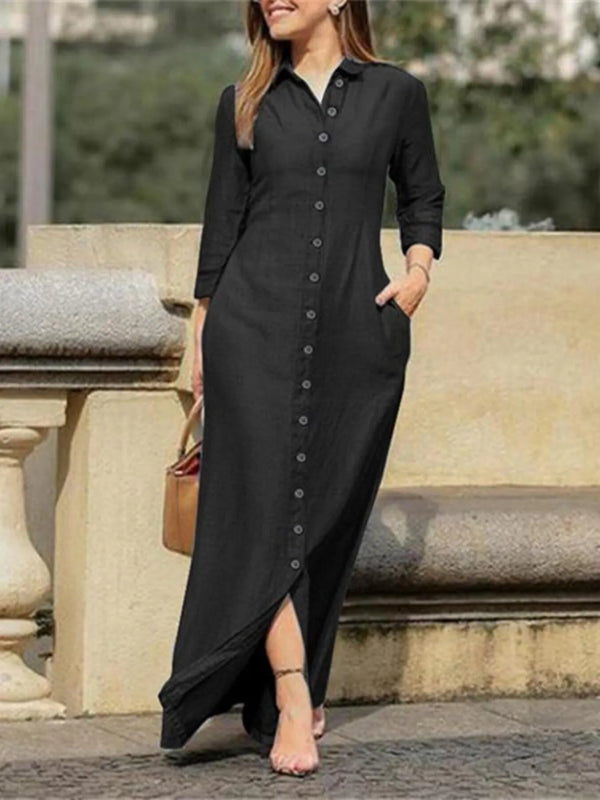 Full Size Button-Down Maxi Denim Dress Plus Size Black - Fashorio