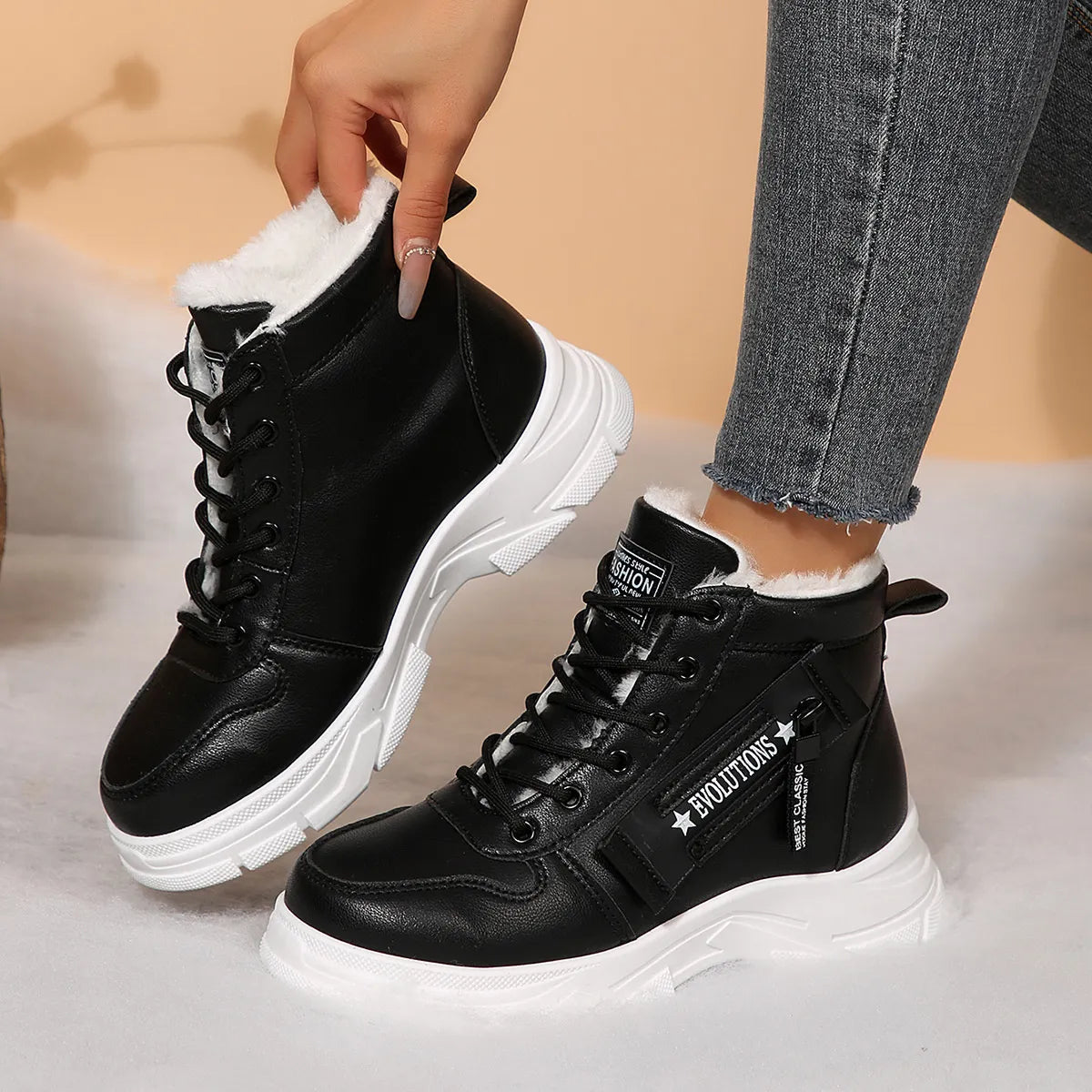 Premium Lace-Up Combat Boots with Fleece Line Black - Fashorio