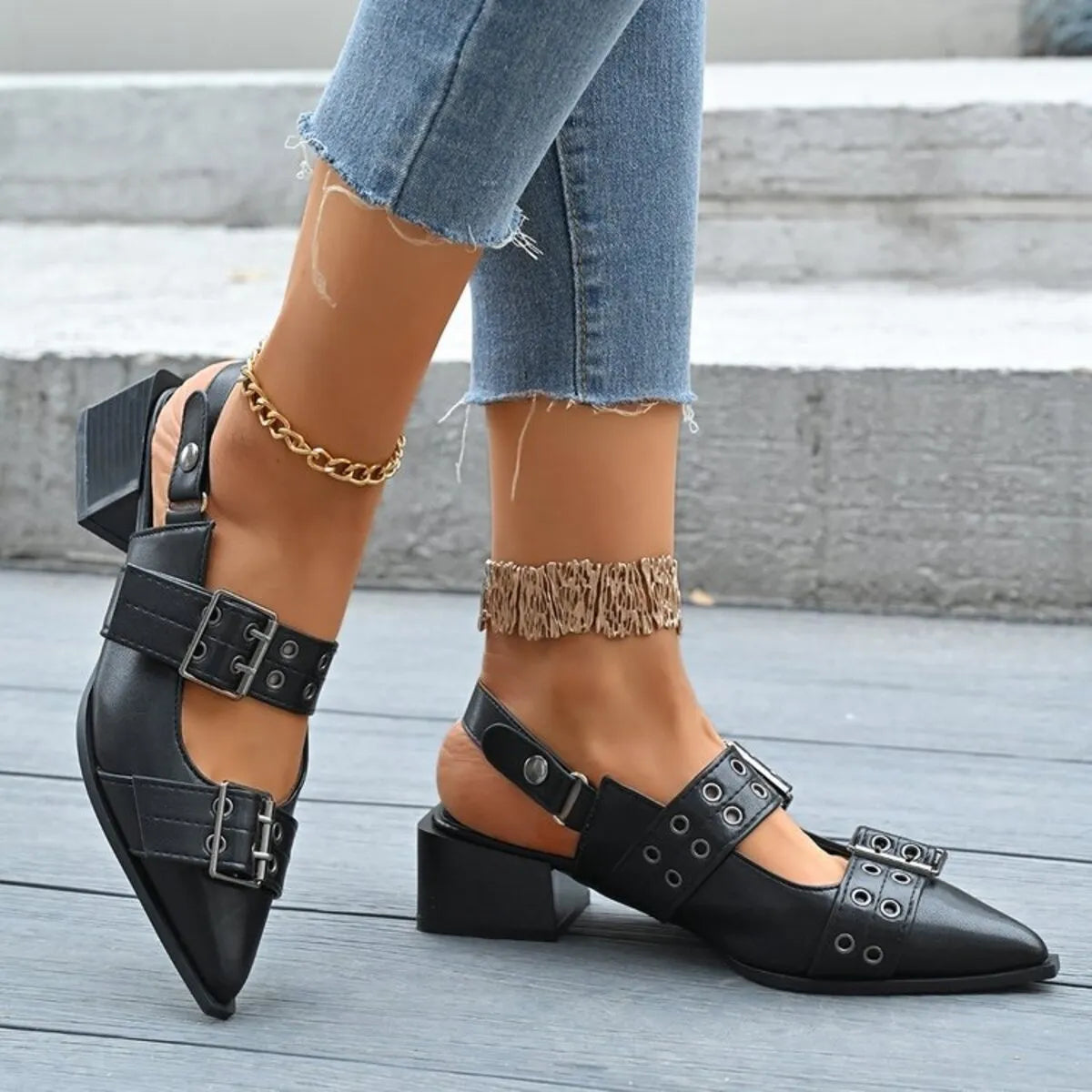 Point Toe Block Heels Slingback Pumps - Fashorio