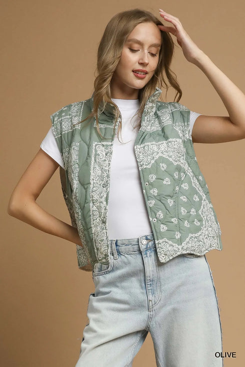 Umgee Bandana Print Quilted Puffer Vest Olive - Fashorio