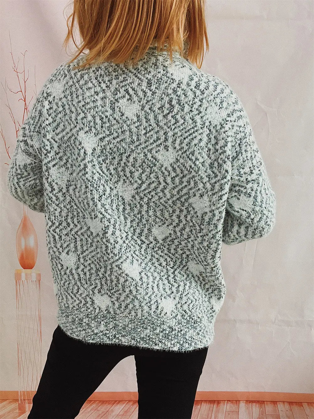 Heart Heathered Turtleneck Drop Shoulder Sweater - Fashorio