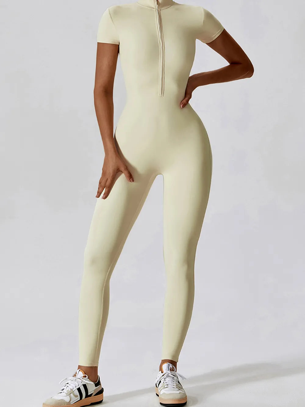 Basic Bae Half Zip Short Sleeve Active Jumpsuit - Fashorio