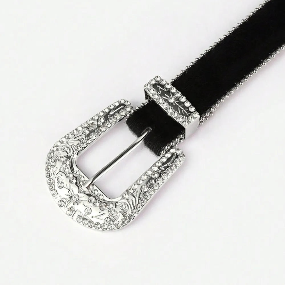 PU Leather Inlaid Rhinestone Belt - Fashorio