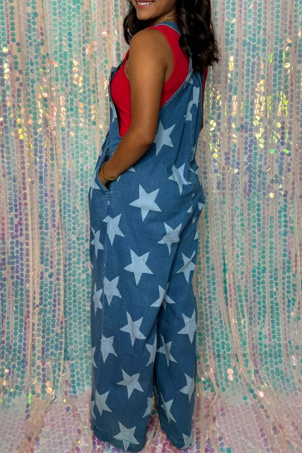 Star Print Buttoned Strap Wide Leg Denim Overalls - Fashorio