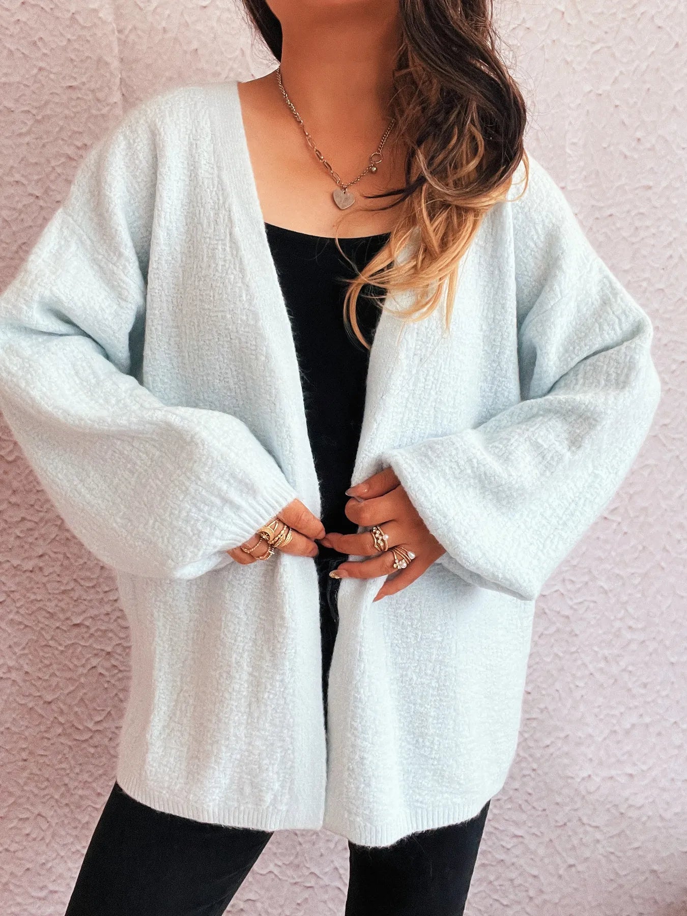 Open Front Long Sleeve Cardigan Light Blue One Size - Fashorio