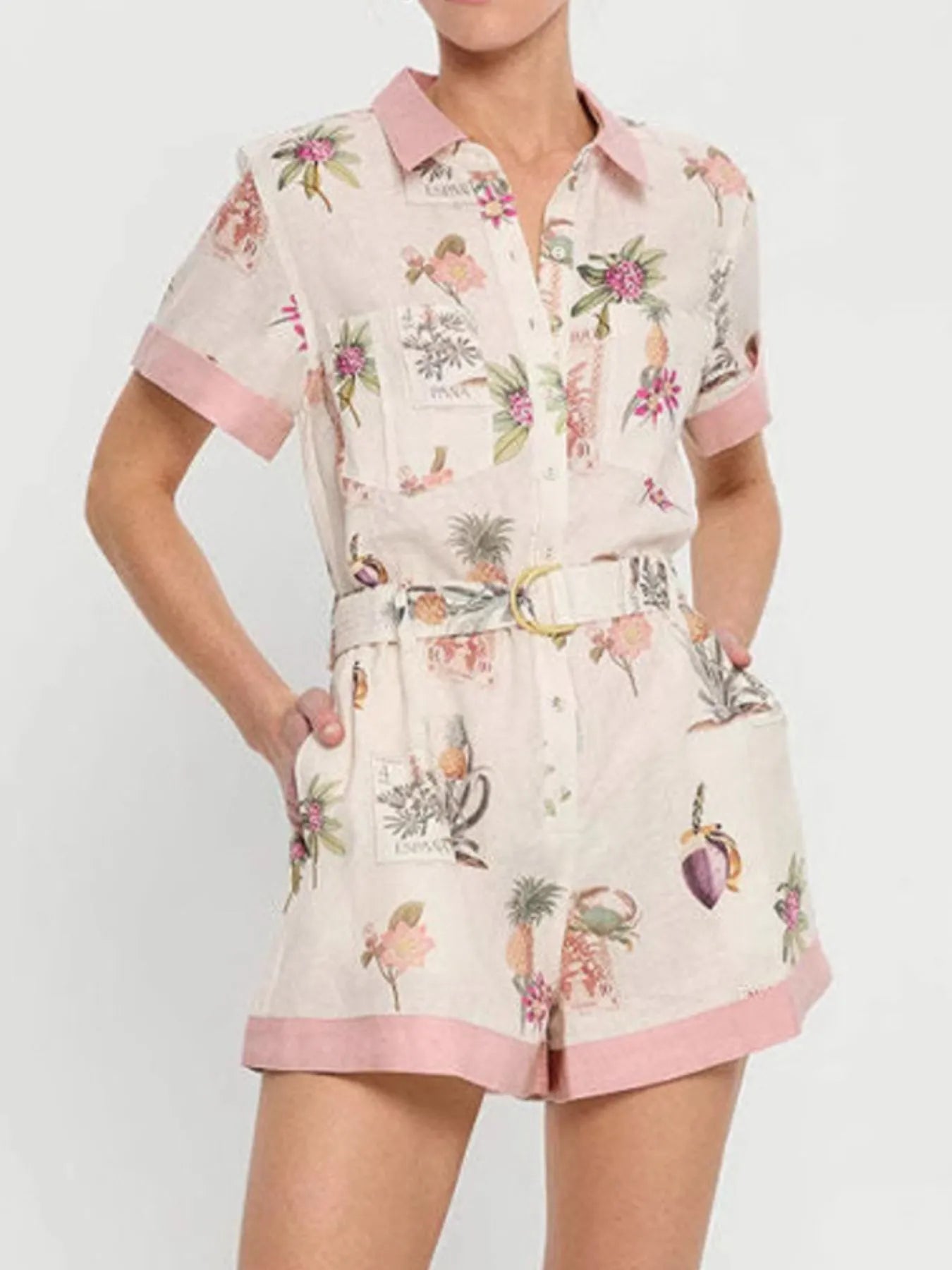 Printed Short Sleeve Romper with Belt - Fashorio