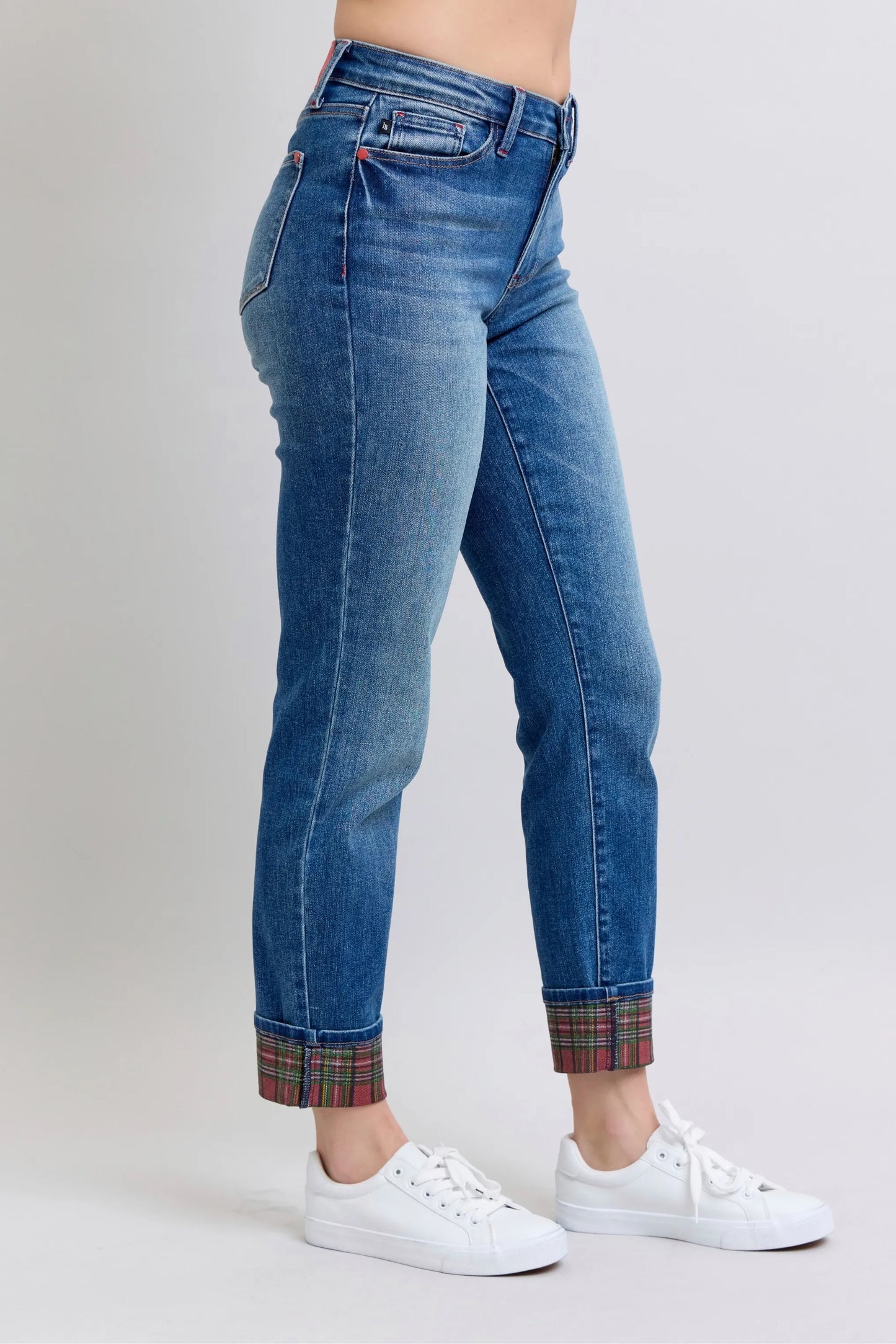 Judy Blue Full Size Mr Plaid Print Cuff Bf Jeans Plus Size - Fashorio
