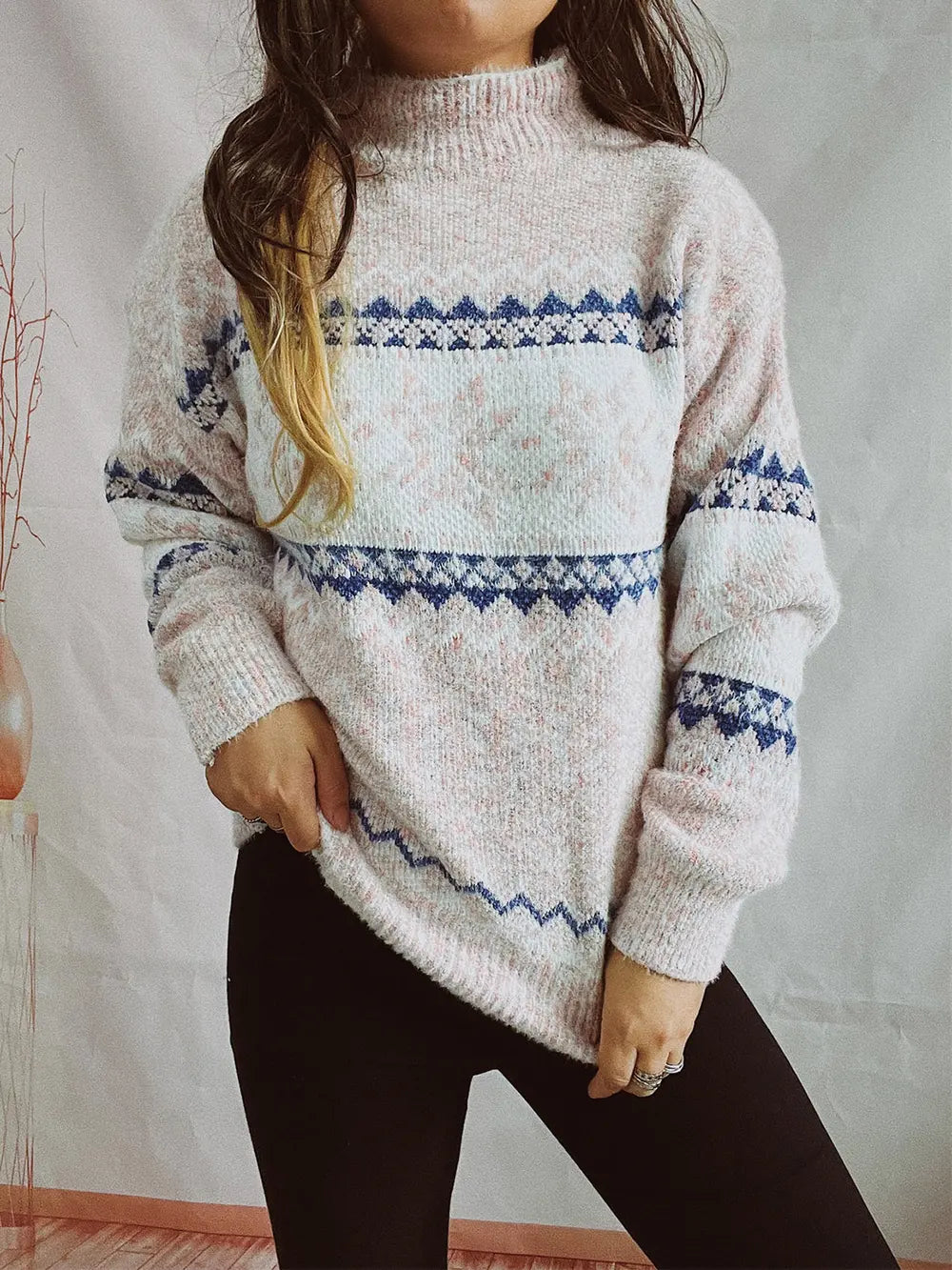 Geometric Mock Neck Dropped Shoulder Sweater Eggshell - Fashorio