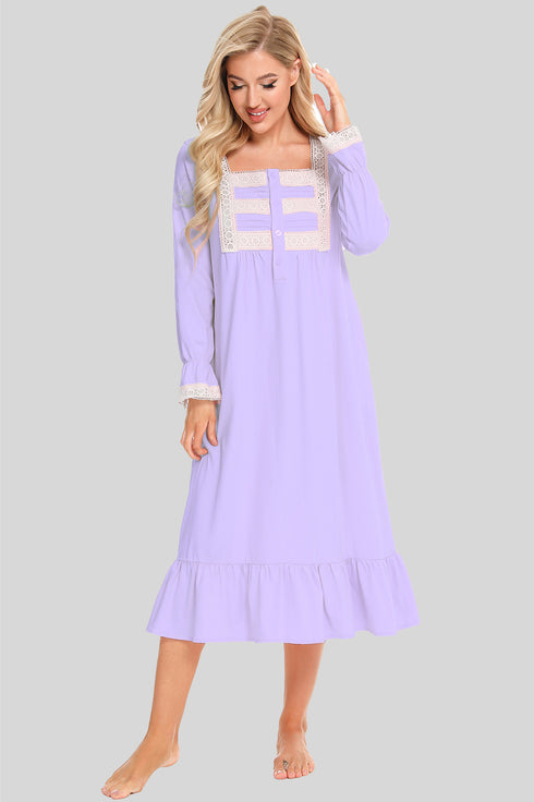 Lace Detail Square Neck Flounce Sleeve Night Dress Lavender - Fashorio