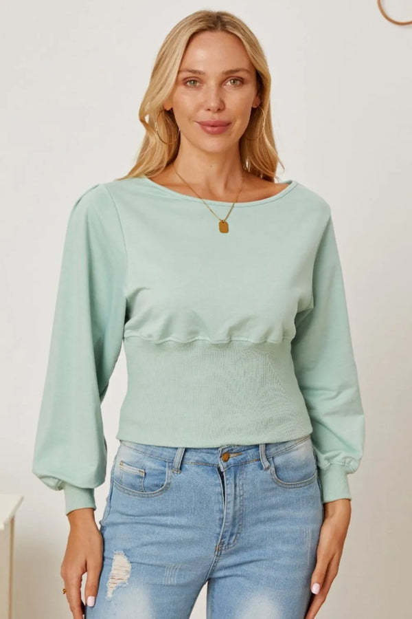 Boat Neck Lantern Sleeve Blouse Sage - Fashorio