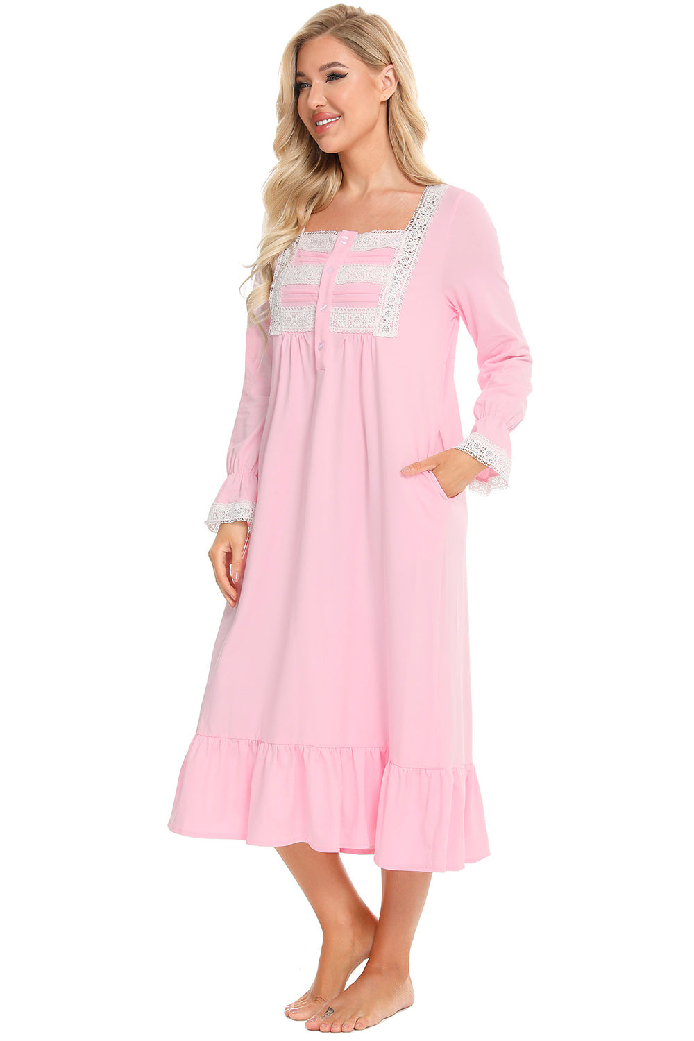 Lace Detail Square Neck Flounce Sleeve Night Dress - Fashorio