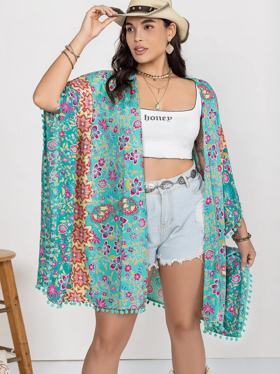 Plus Size Printed Open Front Cover-Up - Fashorio