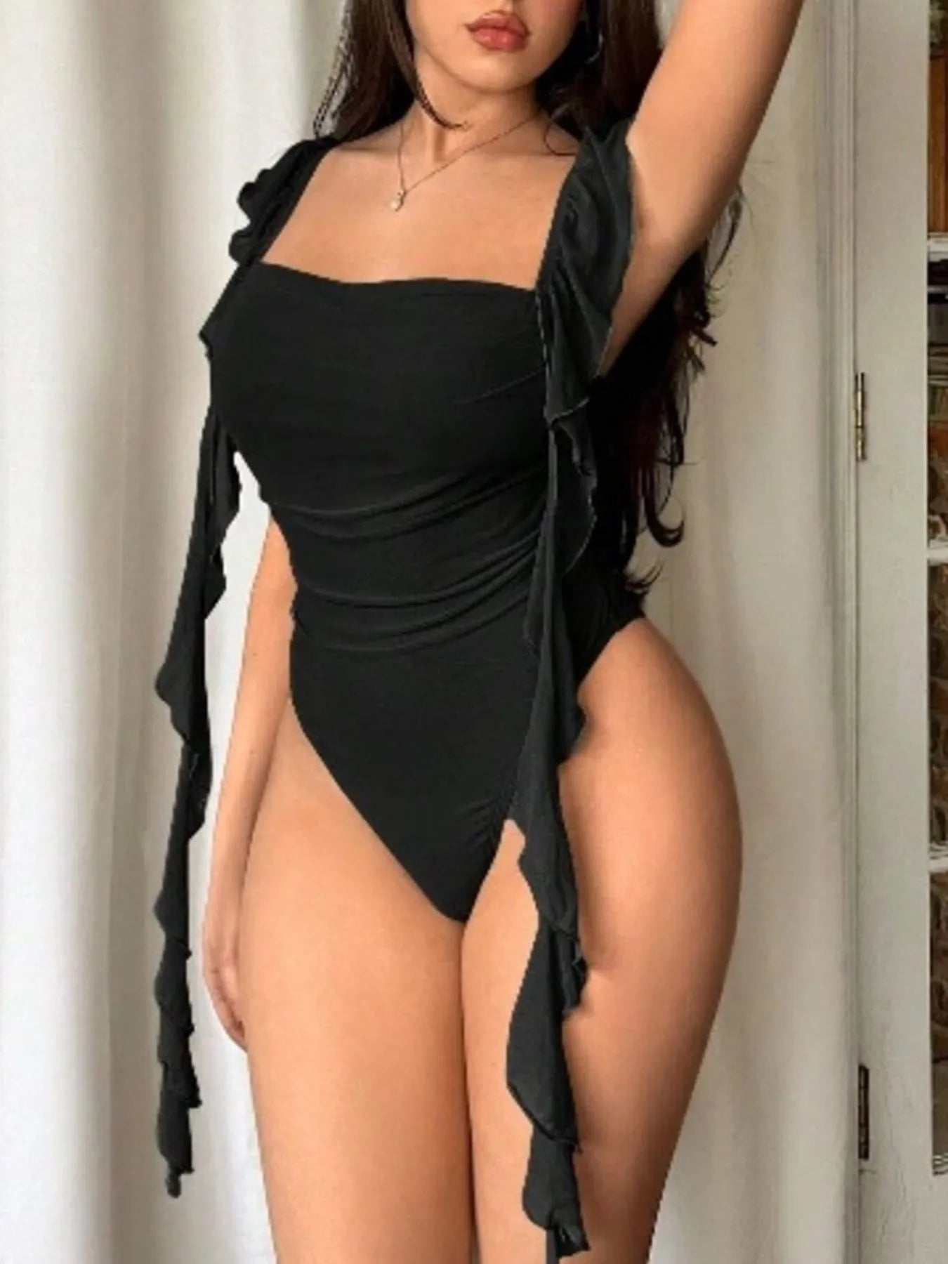 Ruffled Square Neck Bodysuit Black - Fashorio