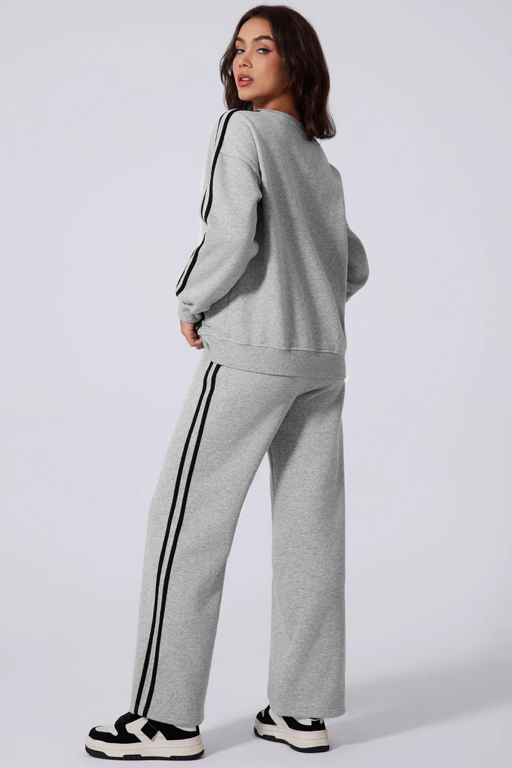 Side Striped Round Neck Top and Pants Active Set - Fashorio