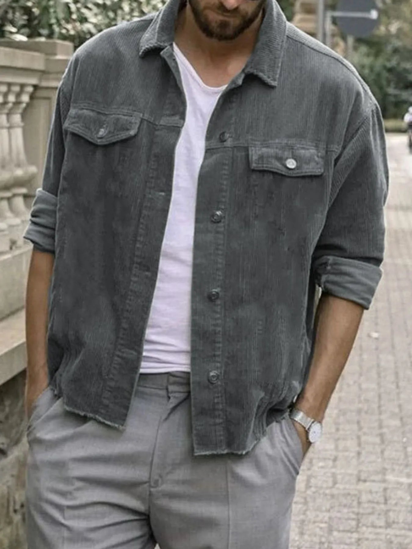 Men's Plus Size Button Up Corduroy Shacket Gray - Fashorio