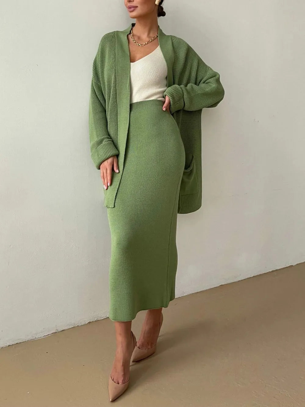 Pocketed Long Sleeve Cardigan and Skirt Sweater Set - Fashorio