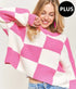 ADORA Plus Size Comfy Checkered Colorblock Sweater Top PINK - Fashorio